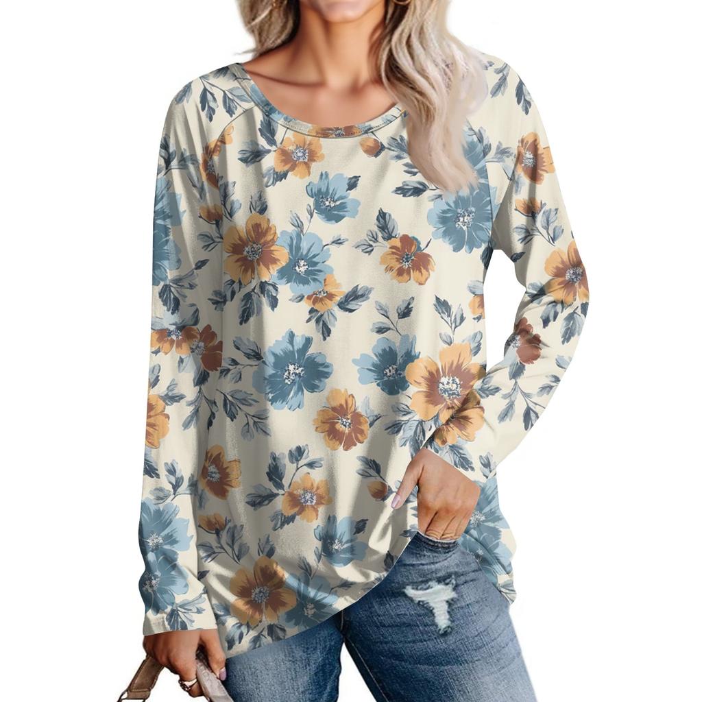 Women's Fashion Casual Long Sleeve  Print Round Neck Pullover Top Blouse