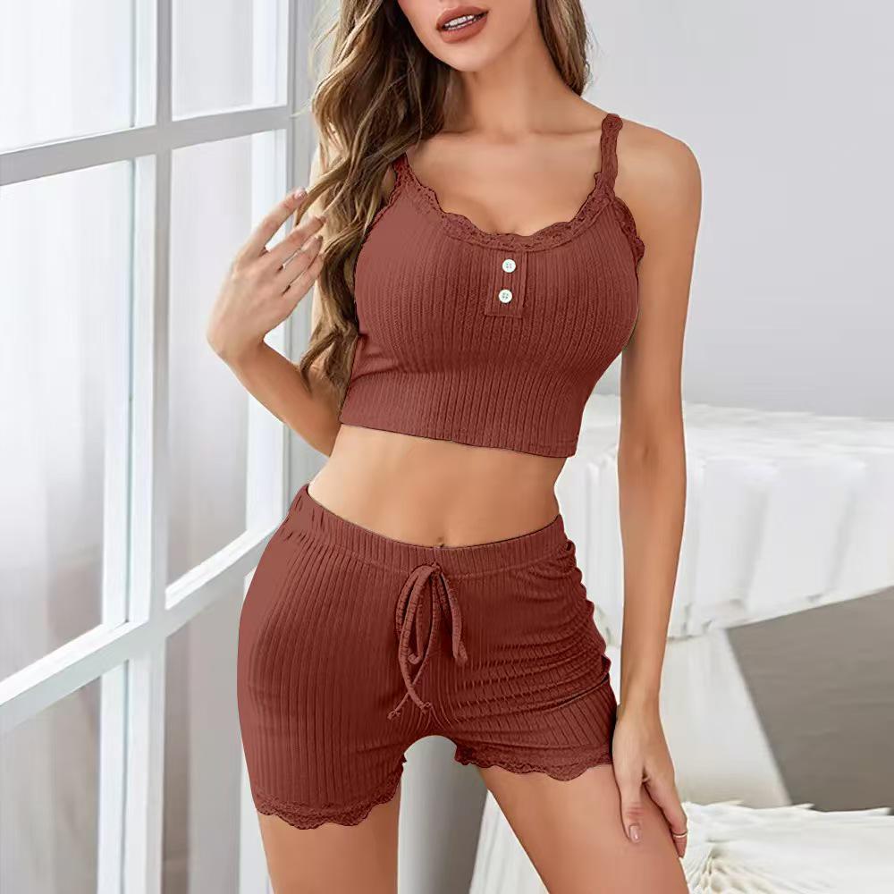 European & American Fashion Lace Trim Women's Pajama Set - Casual & Sexy Camisole and Shorts