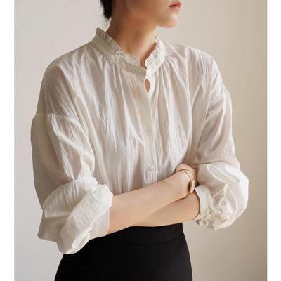 Early Autumn French Pleated Ruffle Stand Collar White Shirt for Women
