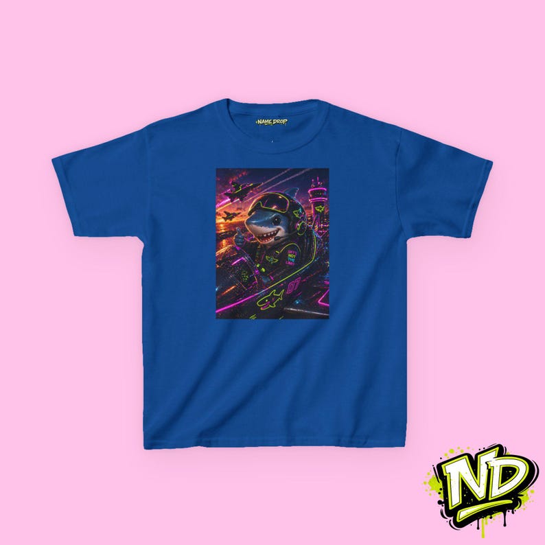Shark Pilot T-Shirt, Neon Jet Kids Graphic Tee, Toddler Airplane Shirt 130
