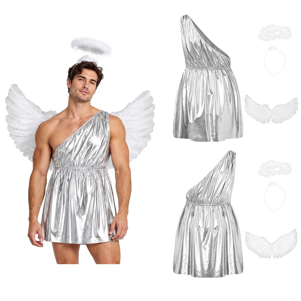 Costume Toga Greco Romano Mitologico da Uomo Tunica Metallizzata Monospalla con Ali e Copricapo per Festa Cosplay di Halloween