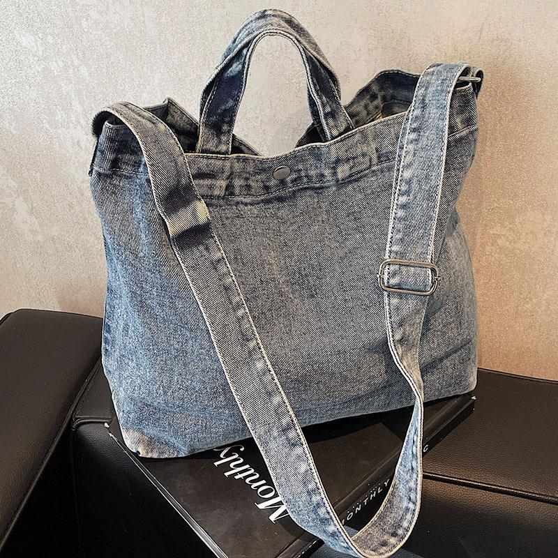 Large Capacity Tote Bag Women's New Denim Canvas Bag Retro Casual Crossbody Bag College Student Literary Shoulder Bag