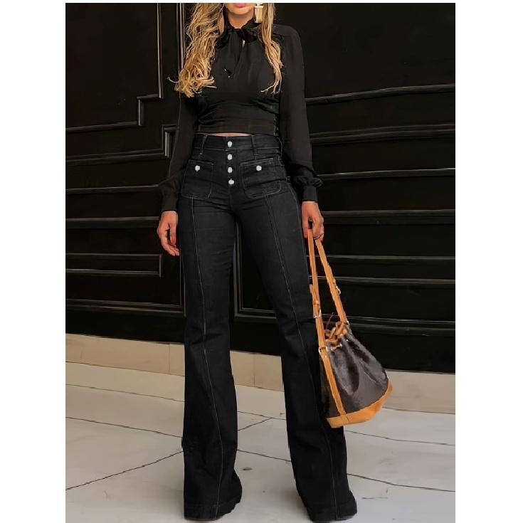 

2026 New Fashion Versatile Casual High-Waisted Slim-Fit Buttoned Flared Denim Pants for Women 5XL чорний