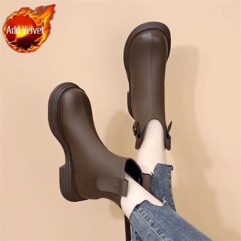 Female Short Shoes Platform Women's Ankle Boots Chelsea Brown Booties Round Toe Fur Leather Chunky Y2k New In Boot Goth Footwear