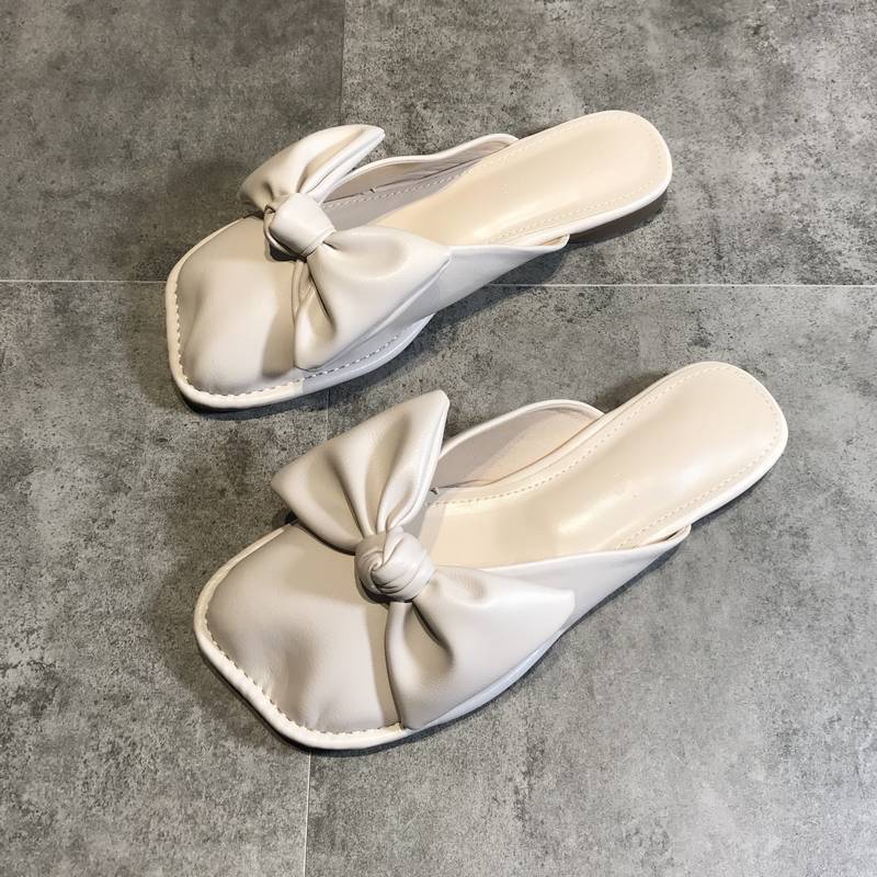 Fashion Slippers Women s 2026 Summer New Bag Head Solid Color Outer Wear Fashion Bow Temperament Flat Bottom Cool Slippers Women 35 абрикосовый