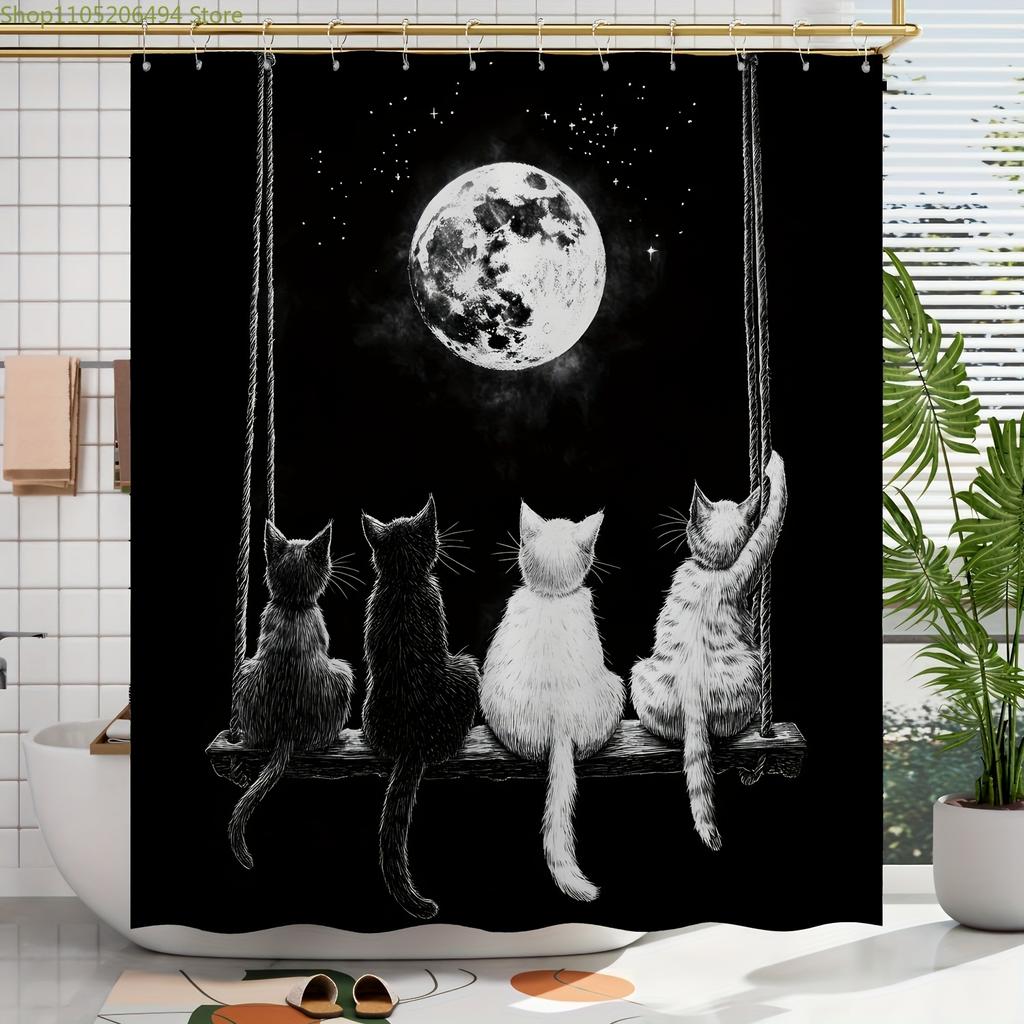 1pc Moonlit Cats on Swing Digital Print Shower Curtain - Black & White Whimsical Design with Black Cats, White Cats, and Full