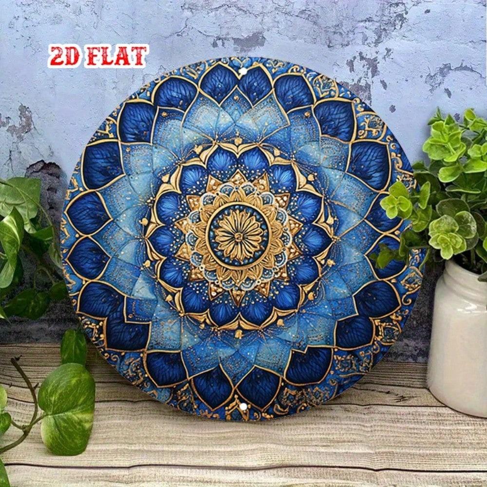 Marke Mandala Metall Wandkunst Rund Blau Gold Floral Blechschild Heimdeko