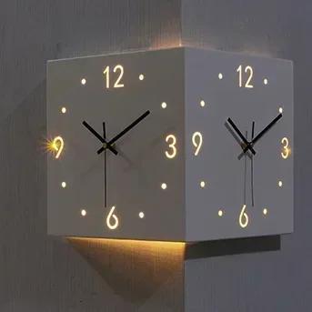 Inductive luminous corner clock, square living room, double-sided clock, iron digital hollowed out double-sided wall clock