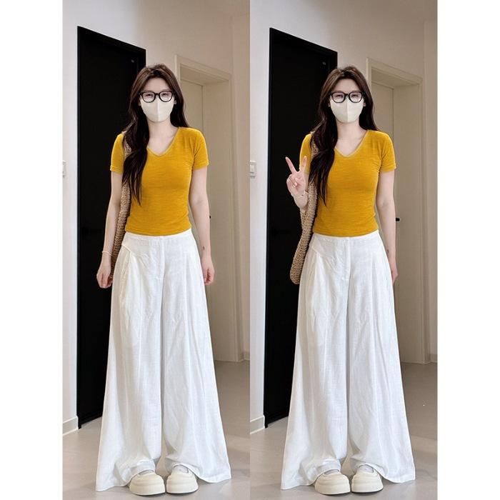 Texture White V-Neck Front Shoulder Short Sleeve T-Shirt Women s Summer Spice Top S жёлтый