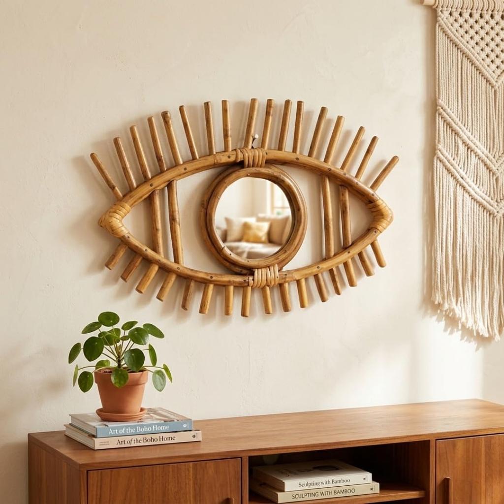 Eco Decx Handcrafted Rattan Eye Shape Wall Mirror, Boho Wooden Hanging Mirror for Bedroom, Entryway & Living Room Decor, 38  x  3  x  38 cm