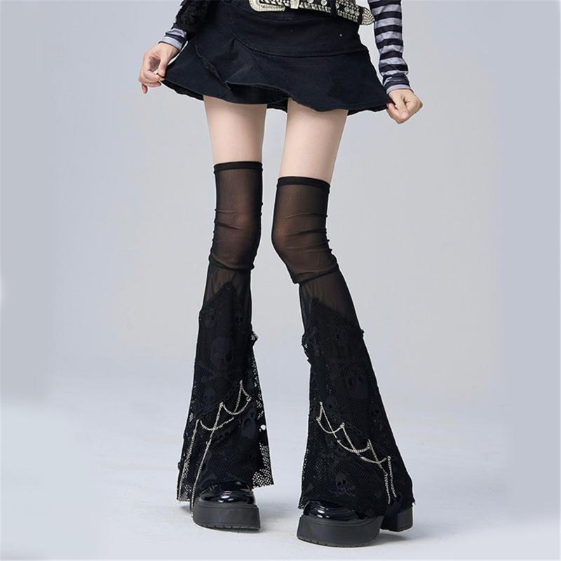 Maniche per gambe in rete estive Scaldamuscoli punk con teschio Calzettoni lunghi alla moda Maniche per gambe per sottoculture Streetwear per donna