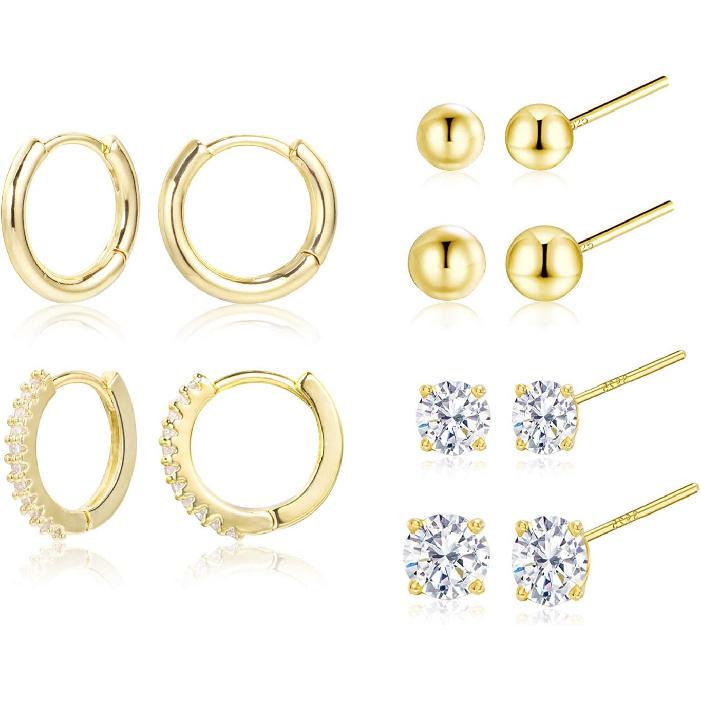Stud Earrings for Women Hypoallergenic Sterling Silver Post Hoop and Studs Earrings Set for Multiple Piercing Small Ball Cubic Zirconia Earring Studs