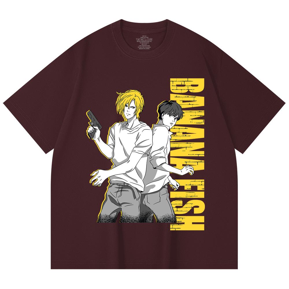 

230 Gsm 100% Cotton Banana Fish V1 Print Unisex Heavy Cotton T Shirt 2XL вина червоного кольору