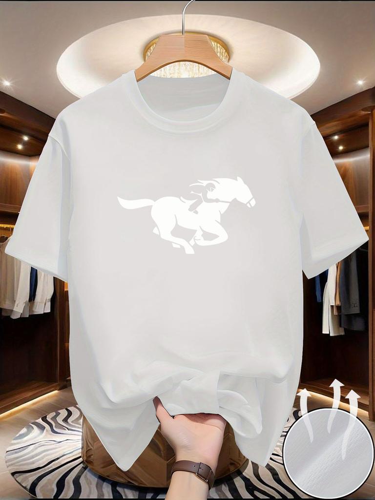 Round Neck Super Elastic Casual Cavalry print Short-Sleeved Men Daily Party Home Social T-Shirt Solid Color Vintage Streetwear