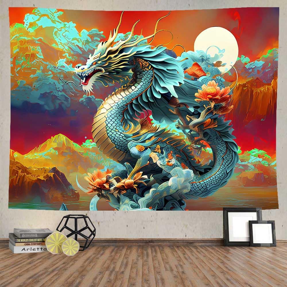Fantasy Dragon Tapestry, Traditional Blue Chinese Dragon With Flowers And Scenic View Wall Art For Bohemian Aesthetic Decor