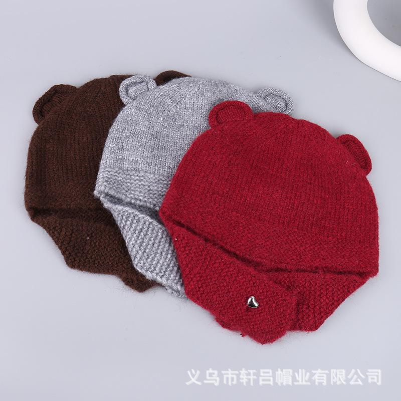Popular autumn and winter cute bear hat warm and windproof knitted ear hat outdoor versatile and cold-proof wool bald hat