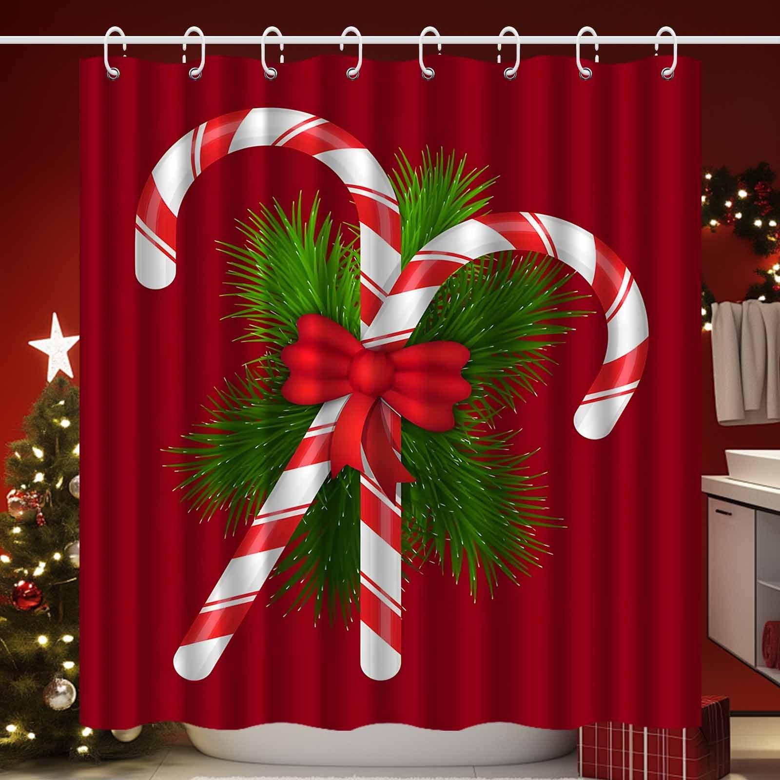

Festive Christmas Shower Curtain With Candy Cane And Pine Design Perfect For Holiday Bathroom Decor High-Quality Fabric Ensures W60H190(CM)-1 Pcs