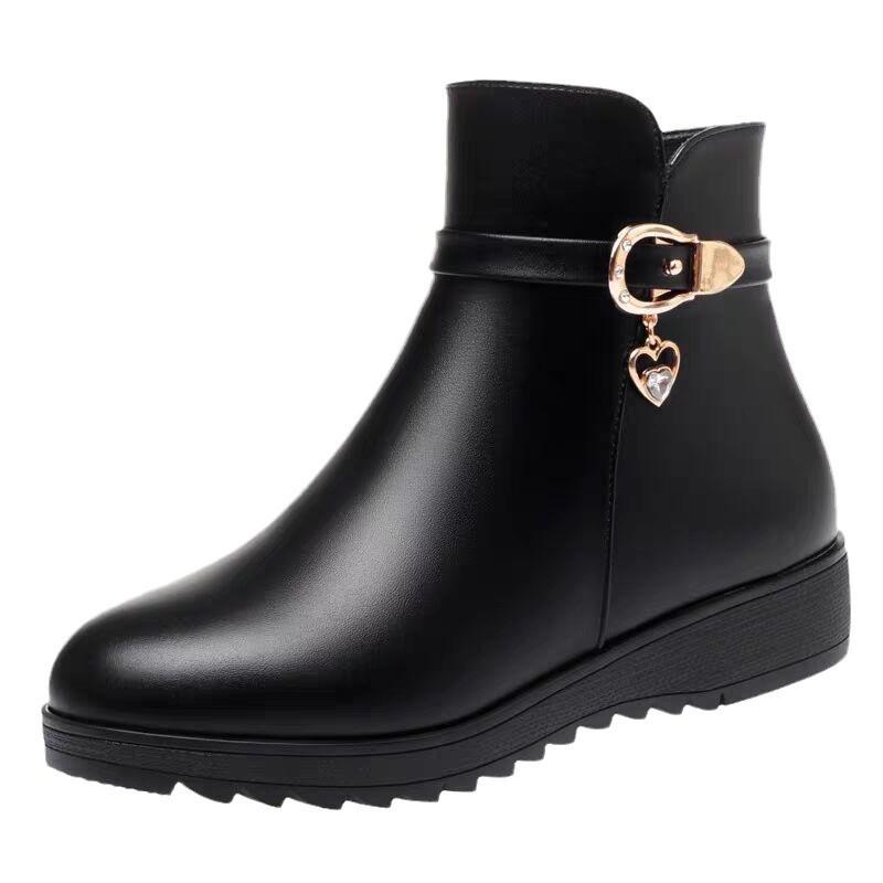 Mom shoes winter velvet thickened warm short boots middle-aged soft leather middle-aged and elderly cotton boots flat heel non-slip soft sol