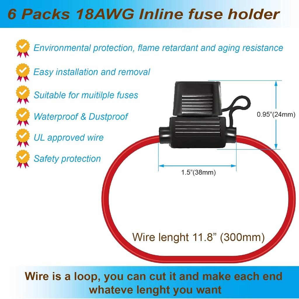 VANSIHO 18AWG Inline Fuse Holder Kits-6 Pack 18 Guage Awg With 6Pcs 3A Blade Mini Fuse/12Pcs 3:1 Heat Shrink Butt Connectors