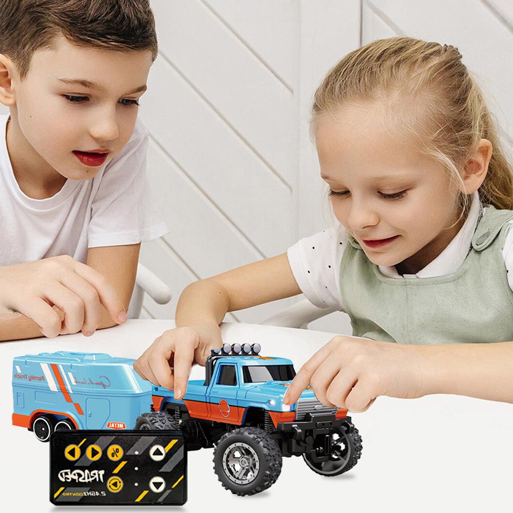 Mini RC Monster Truck with Lights & Trailer All Terrain Off-Road Truck Toy 1:64 Scale Adjustable Speed/Steering for Kids Gifts