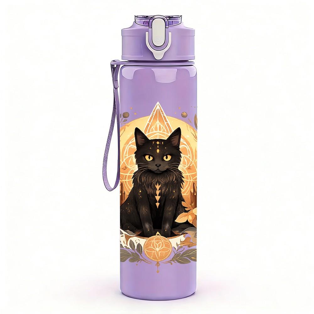 1PC Black Cat Vintage Decorative Print 750ml Color Plastic Sports Water Bottle Leakproof Flip Straw Lid Suitable for Sports Office Home Use