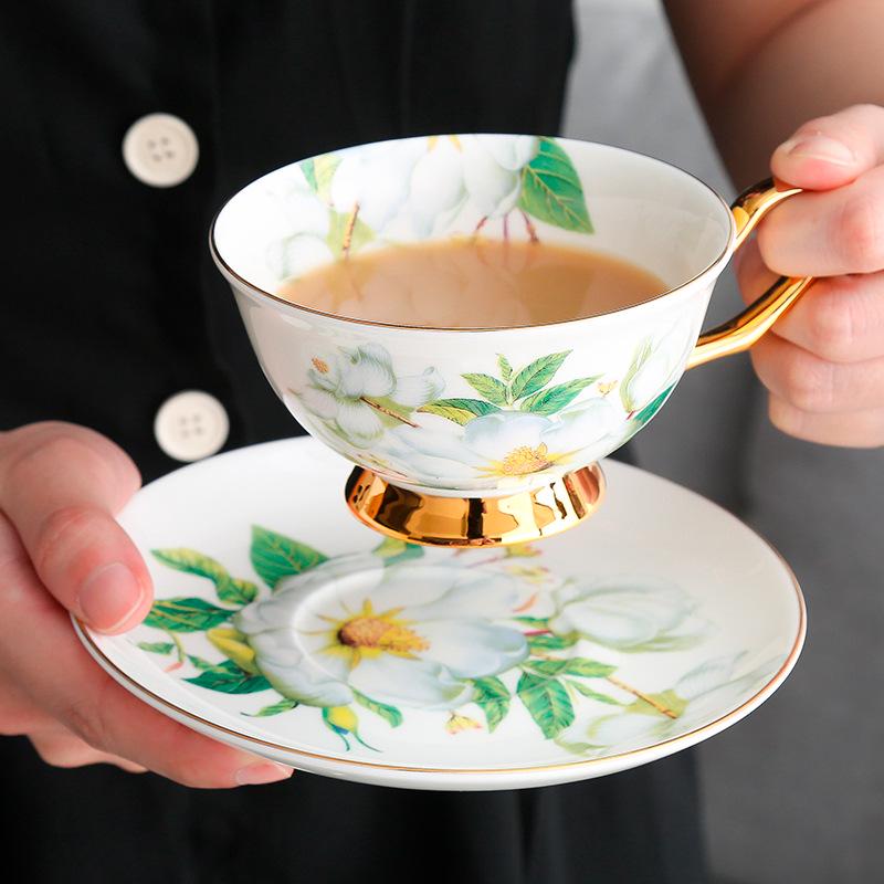 Camellia Gold-Trim Bone China Coffee Set: Cup, Saucer, Spoon, Pot, Milk Jug, Sugar Bowl, Pastry Skewer, Plate - Light Luxury.