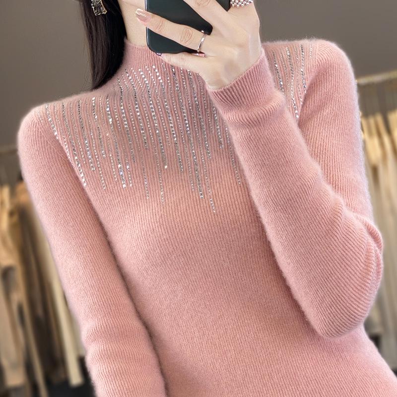 2024 Autumn/Winter Rhinestone Inlaid High Neck Fleece Sweater - Slimming and Flattering Design
