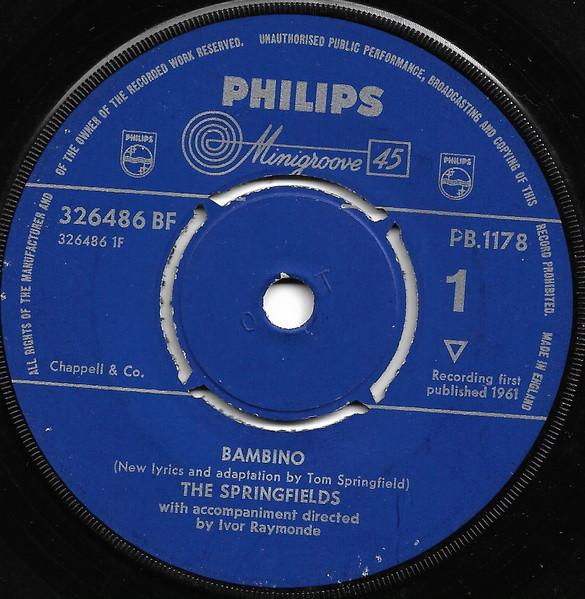 

7inch Record SPRINGFIELDS - Bambino PB1178 Philips 1961 UK Folk Used