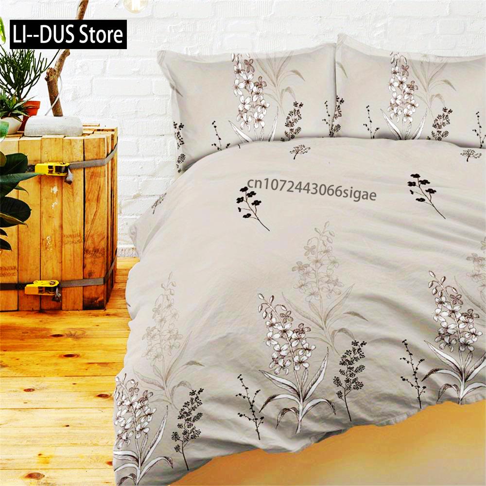 3-Piece Soft Grey Plant Printed Duvet Cover Set - Comfortable, Breathable, And Hypoallergenic Bedding For Bedroom And Guest Room
