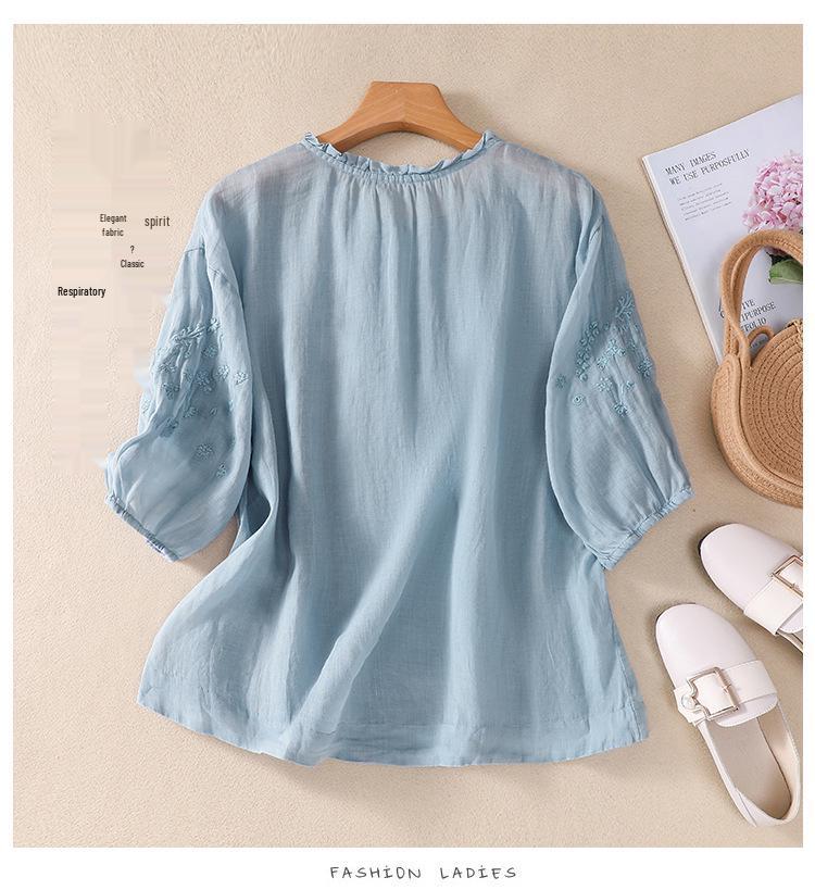 2025 Summer Artistic V-Neck Embroidered Floral Women's Shirt with Five-Point Sleeves