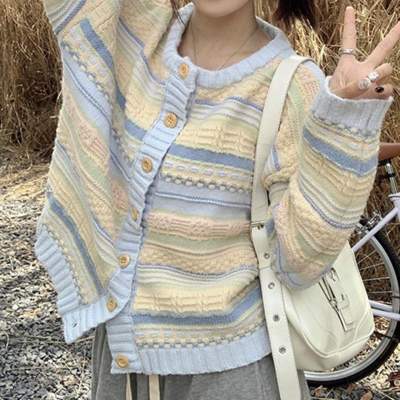 Early Autumn & Winter Women's Korean-Style Loose Striped Outerwear: Versatile Thin Knit Sweater Cardigan Coat
