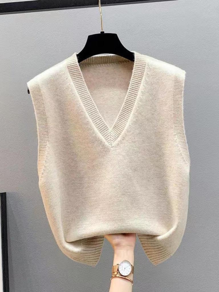 Knitted V-Neck Sleeveless Women's Cardigan Sweater - Korean Style, Loose Fit for Spring/Fall/Winter.