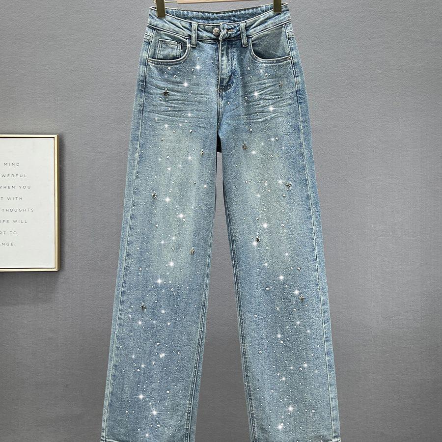 

Women s High-Waisted Denim Jeans with Rhinestone Star Pendant - European Style, Summer Loose Fit, Slimming, Versatile Straight Leg. S (80-98 jin)