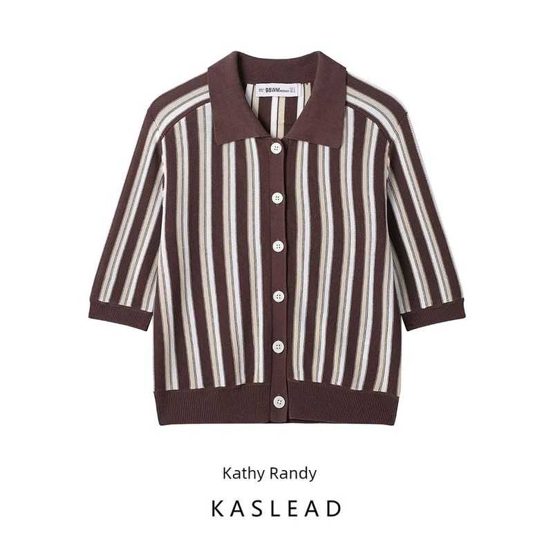 Kaslead New Arrival Women's Clothing Fashion Style Fashion Minimalist Stripes Knitting Polo Shirt Collar Outwear 3920206