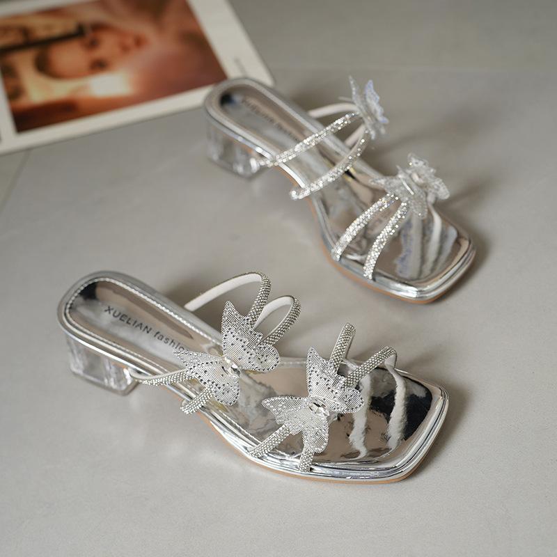 French Thick-heeled Sandals Women's Summer Skirt 2025 New Bow Rhinestone High Heels Casual Open-toed Slippers