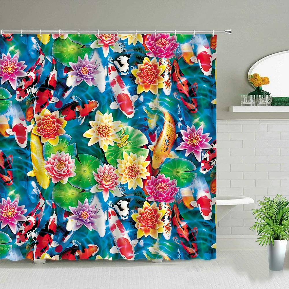 Modern Chinese Style Koi Fish Scenery Shower Curtain Bathroom Screen Waterproof Fabric Background Wall Decor Hanging Curtains