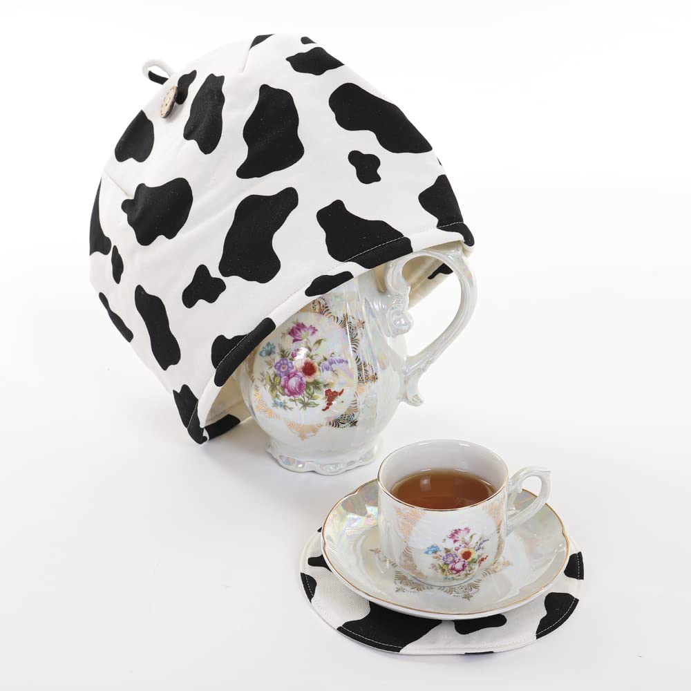 Stylish Tea Cozy Teapot Cover with Holstein Cow White Animal Design, Crafted by Kawashima Sachiko and Akiko, Made in Japan, 100% Cotton