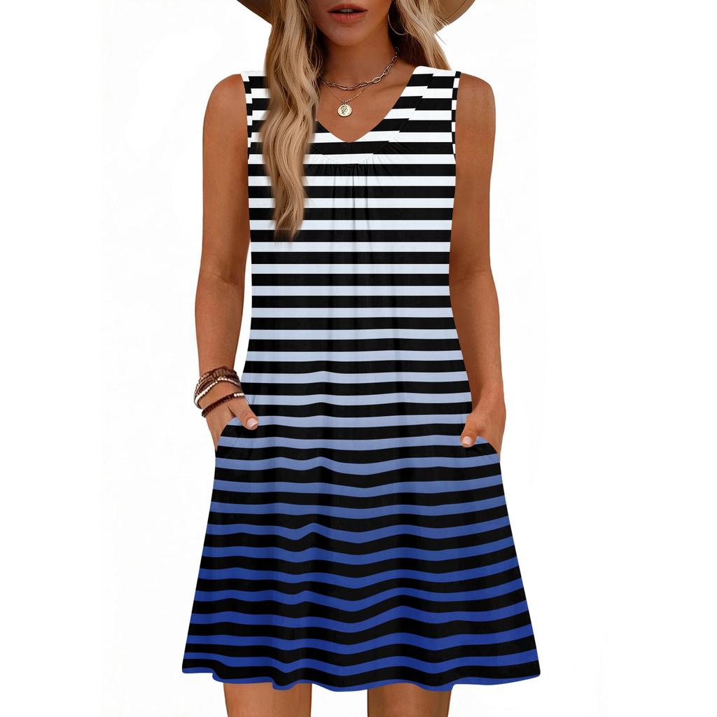 Dámské módní letní tílko bez rukávů s V-výstřihem, s kapsou, ležérní volné šaty