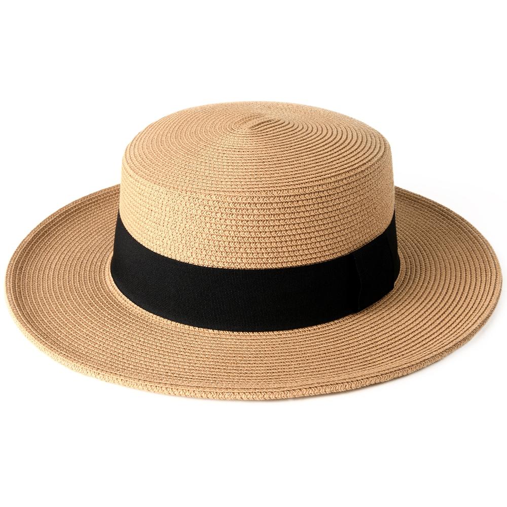 Unisex Flat Top Boater Sun Hat - Foldable Straw Hat for Men & Women Summer Travel & Beach with Wide Brim UV Protection