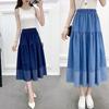 Spring and Summer New Artistic Sweet Elastic High Waist Stitching Blue Mid Length Long Length A- Line Denim Skirt Skirt Women