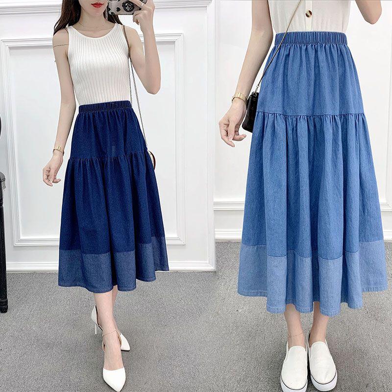 Spring and Summer New Artistic Sweet Elastic High Waist Stitching Blue Mid Length Long Length A- Line Denim Skirt Skirt Women