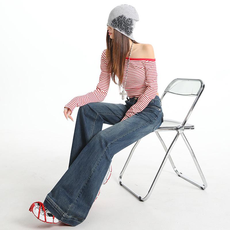 Blue denim micro-pull pants women's spring new design sense retro design sense back bag floor pants