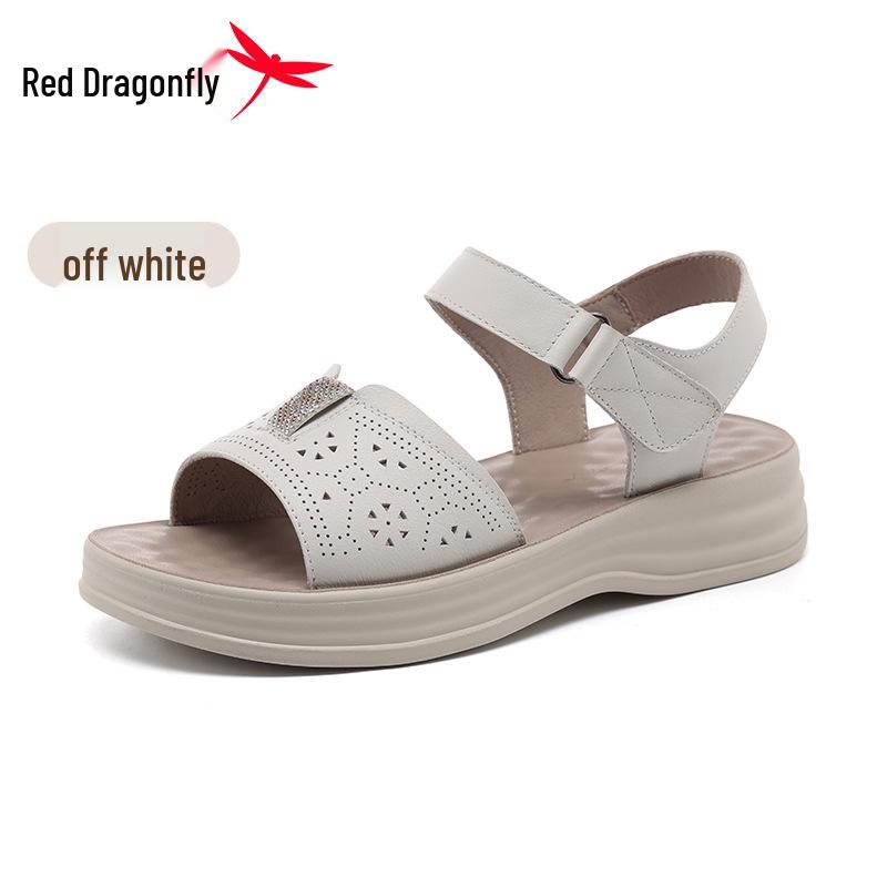 Red Dragonfly Women s Genuine Leather Hollow-Out Flat Sandals - Comfortable Thick Sole Summer Style 37