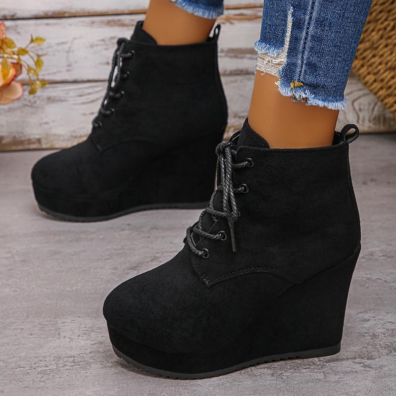 Fashion Fashion Lace Up Wedge Boots for Women Plus Size 35-42 Chunky Platform Ankle Boots Woman Autumn Winter Faux Suede Short Booties