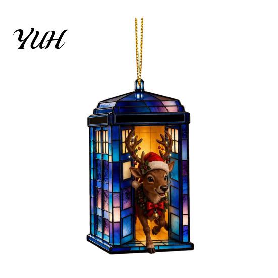 Acrylic Christmas Tree Ornaments Blue Glass House Hanging Ornament, Double Side Special Animal Theme Printed Decor Pendant, Festive Holiday