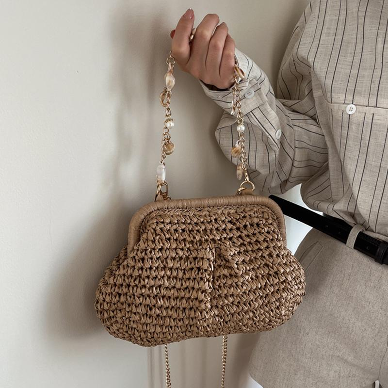Yogodlns Summer Straw Weaving Crossbody Bag Fashionable Shell Bag Women's Chain Strap Shoulder Bag