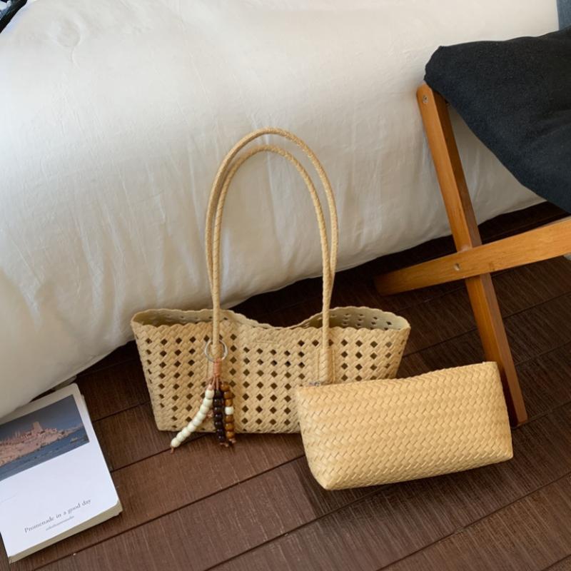 Foldable Women Hollow Woven Tote Bag Large Capacity Casual Shoulder Handbag for Travel Beach Grocery Shopping