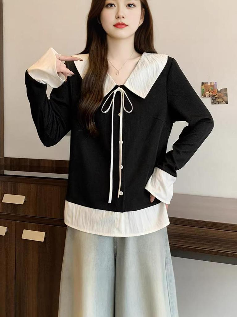 2026 Spring Plus Size Women's College-Style Patchwork Two-Piece Long Sleeve Top