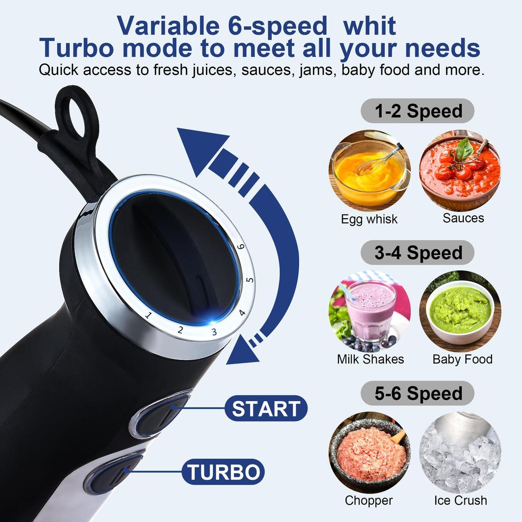 BioloMix HB‑3302 5‑in‑1 Hand Blender 1200W 6‑Speed Turbo Immersion Stick Blender