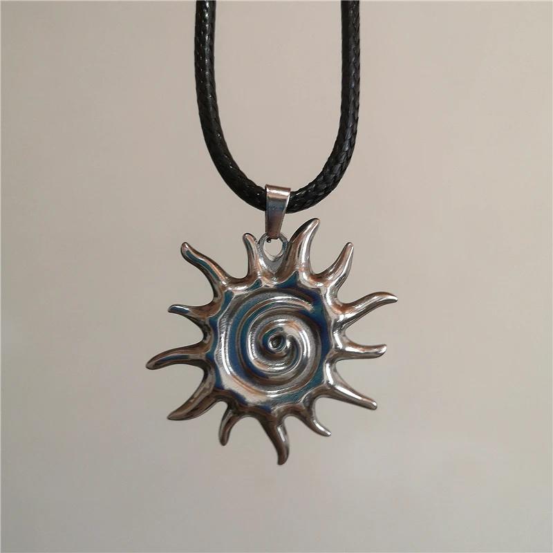 Punk Gothic Stainless Steel Metal Vortex Sun Pendant Thick Long Leather Rope Necklace For Men Women Grunge Accessories